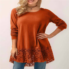Hooded Long-sleeved T-shirt w/ Lace Stitching