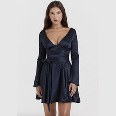 Fashionable V-Neck Backless Dress w/ Waist Tie