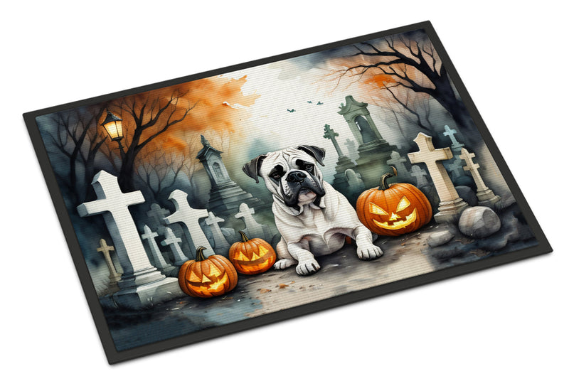 White Boxer Spooky Halloween Welcome Mat