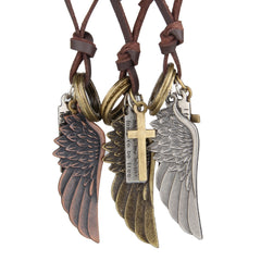 Engraved Retro Leather Necklace w/ Angel Wings & Feathers