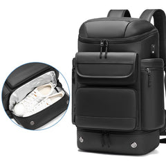 Black backpack with shoe compartment on a white background