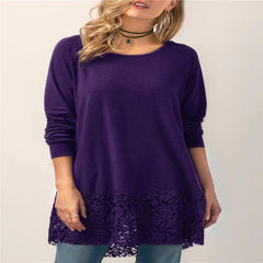 Hooded Long-sleeved T-shirt w/ Lace Stitching