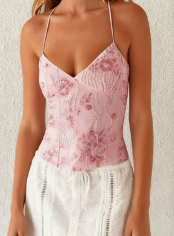Mesh Plant Print Low-cut Halter Tank Top