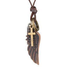 Engraved Retro Leather Necklace w/ Angel Wings & Feathers
