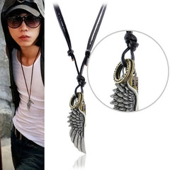 Engraved Retro Leather Necklace w/ Angel Wings & Feathers