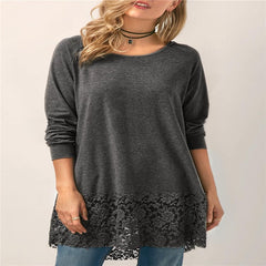 Hooded Long-sleeved T-shirt w/ Lace Stitching