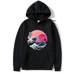 Black hoodie with a colorful wave design on a white background