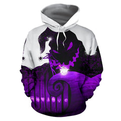 A white pullover hoodie with a black and purple all-over graphic print featuring a witch silhouette, spider details, and a haunted house scene, shown on a plain white background.