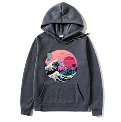 Dark gray hoodie with a colorful wave design on a white background