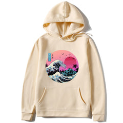 Khaki hoodie with a colorful wave design on a white background