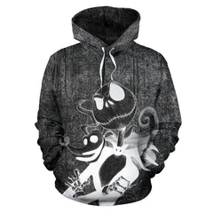 A black and white pullover hoodie featuring a graphic print of Jack Skellington and Sally from The Nightmare Before Christmas, shown against a plain white background.