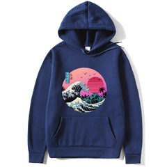 Navy blue hoodie with a graphic of a wave and sunset on a white background