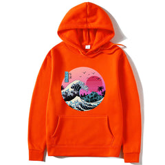Orange hoodie with a graphic design on a white background