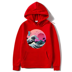 Red hoodie with a graphic design on a white background