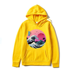 Yellow hoodie with a graphic design of a wave and sun on a white background