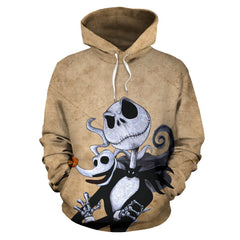 A beige pullover hoodie with a distressed, vintage-textured print featuring Jack Skellington and Sally from The Nightmare Before Christmas, shown against a plain white background.