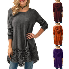 Hooded Long-sleeved T-shirt w/ Lace Stitching