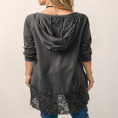 Hooded Long-sleeved T-shirt w/ Lace Stitching