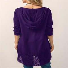 Hooded Long-sleeved T-shirt w/ Lace Stitching