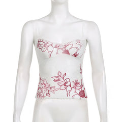 Mesh Plant Print Low-cut Halter Tank Top