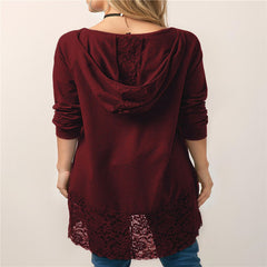 Hooded Long-sleeved T-shirt w/ Lace Stitching