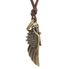 Engraved Retro Leather Necklace w/ Angel Wings & Feathers