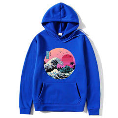 Blue hoodie with a graphic design of a wave and sunset on a white background