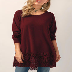 Hooded Long-sleeved T-shirt w/ Lace Stitching