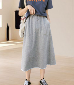 Elastic Drawstring Terry Knit Skirt with Two Pockets