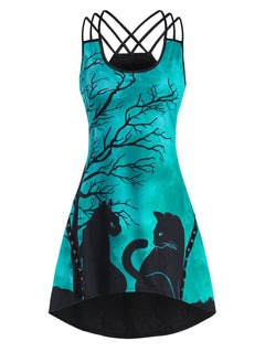 Halloween Black Cat Print Sleeveless Dress