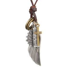 Engraved Retro Leather Necklace w/ Angel Wings & Feathers