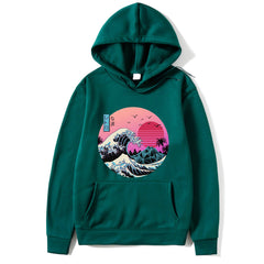 Dark Green hoodie with a wave design on a white background 