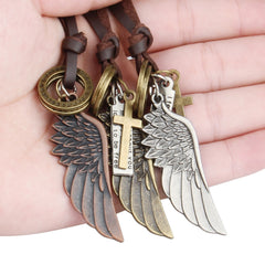Engraved Retro Leather Necklace w/ Angel Wings & Feathers
