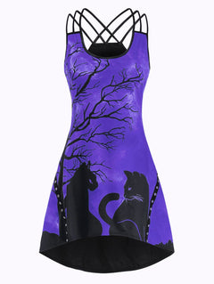 Halloween Black Cat Print Sleeveless Dress