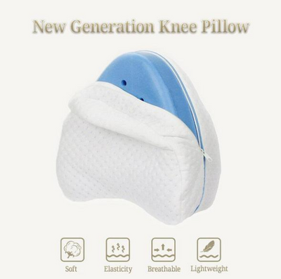 New Generation Knee Pillow with blue and white design on a beige background