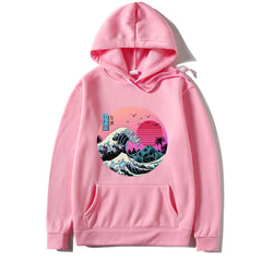 Pink hoodie with a graphic design of a wave and sunset on a white background