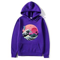 Purple hoodie with a graphic design of a wave and sun on a white background