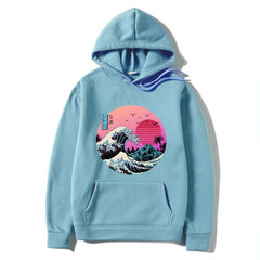 Light blue hoodie with a graphic design of a wave and sun on a white background